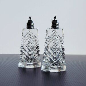 Vintage Art Deco Cut Crystal Salt & Pepper Shakers & Metal Lids, Made in Japan